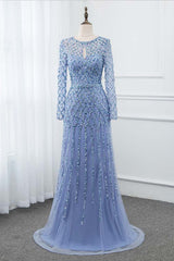 Elegant Tulle Jewel Rhinestones Prom Dresses with Long Sleeves