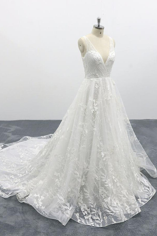 Elegant V-neck Appliques Tulle A-line Wedding Dress On Sale