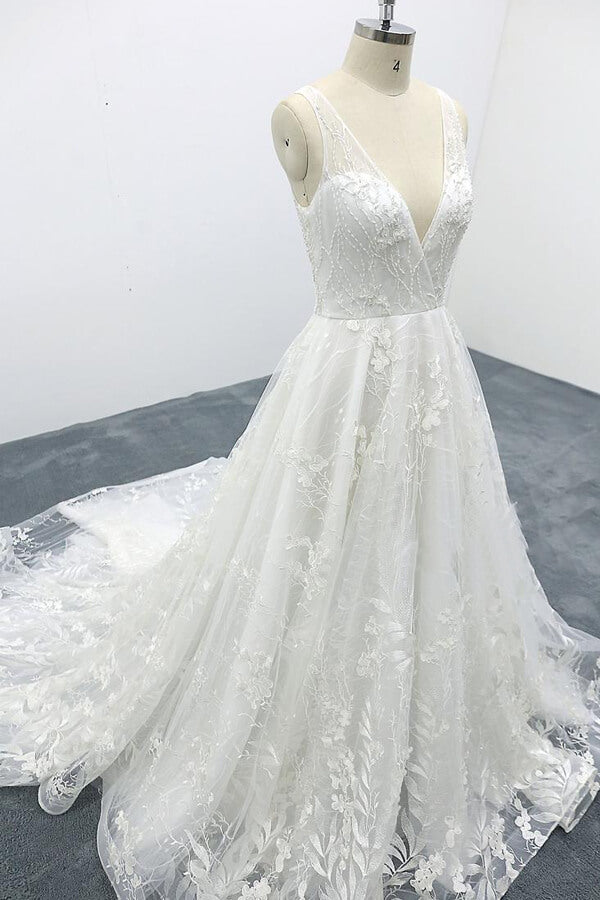 Elegant V-neck Appliques Tulle A-line Wedding Dress On Sale