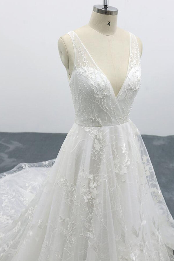 Elegant V-neck Appliques Tulle A-line Wedding Dress On Sale