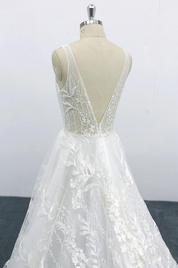 Elegant V-neck Appliques Tulle A-line Wedding Dress On Sale