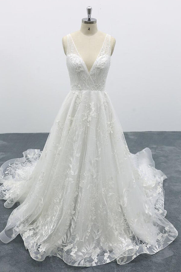 Elegant V-neck Appliques Tulle A-line Wedding Dress On Sale