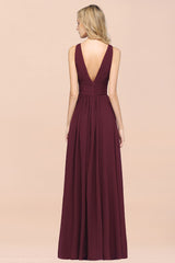 Elegant V-Neck Burgundy Chiffon Affordable Bridesmaid Dress with Ruffle