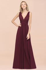 Elegant V-Neck Burgundy Chiffon Affordable Bridesmaid Dress with Ruffle