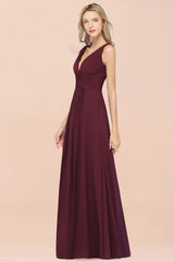 Elegant V-Neck Burgundy Chiffon Affordable Bridesmaid Dress with Ruffle