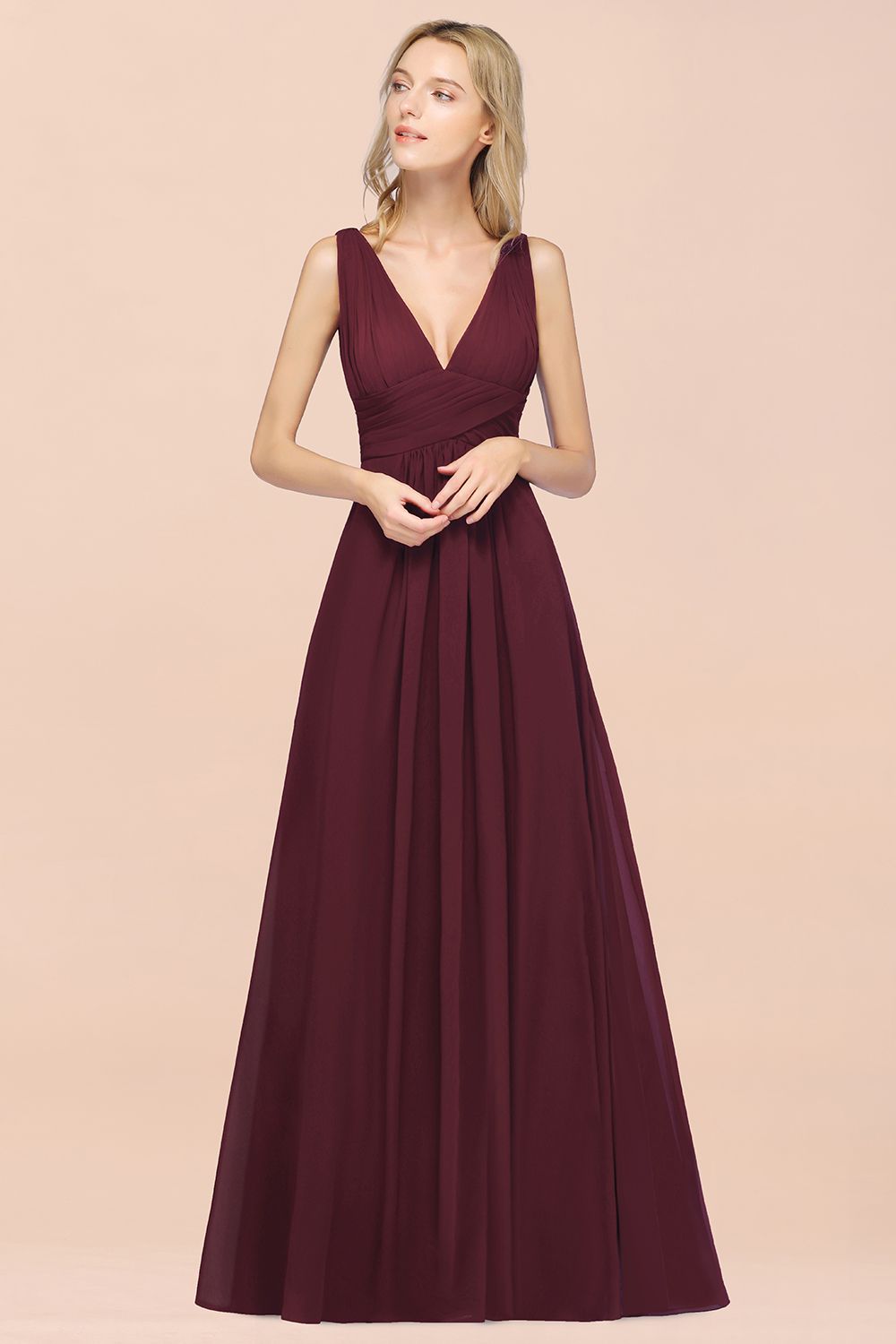 Elegant V-Neck Burgundy Chiffon Affordable Bridesmaid Dress with Ruffle