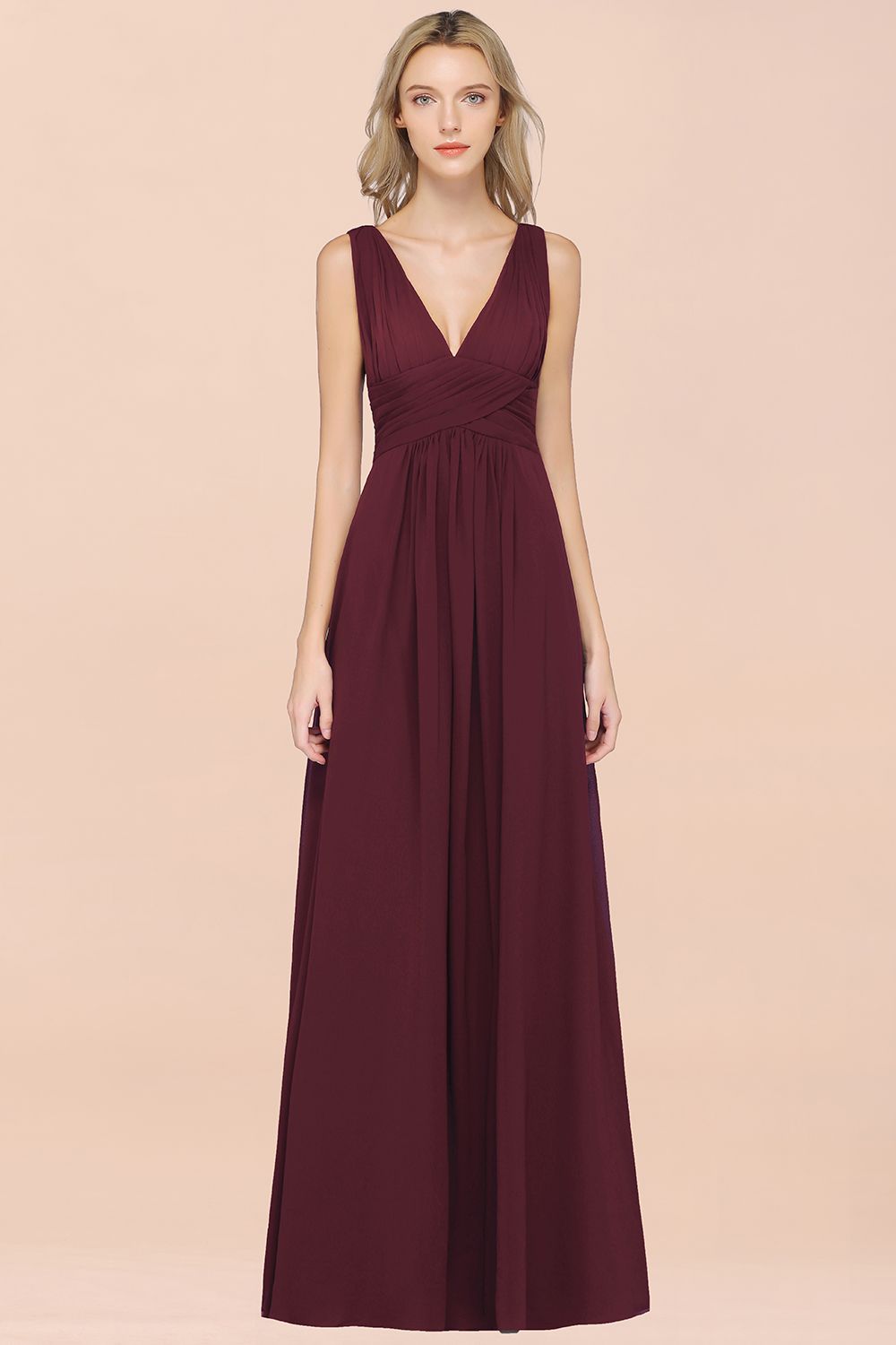 Elegant V-Neck Burgundy Chiffon Affordable Bridesmaid Dress with Ruffle