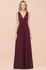 Elegant V-Neck Burgundy Chiffon Affordable Bridesmaid Dress with Ruffle