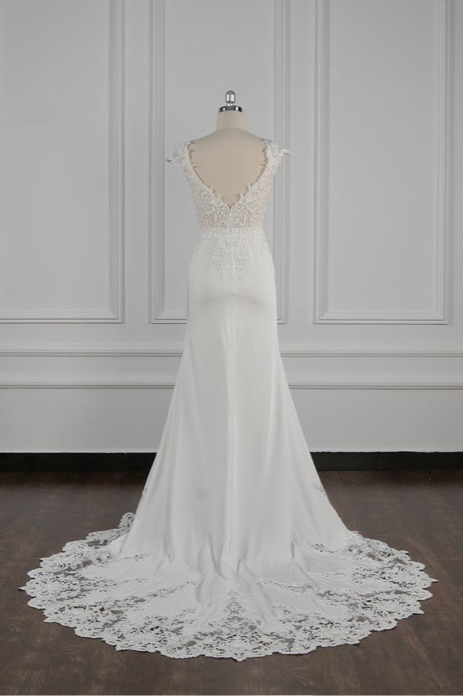 Elegant V-neck Chiffon Lace Wedding Dress Beadings Appliques Mermaid Bridal Gowns Online