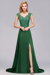 Elegant V-Neck Dark Green Lace Bridesmaid Dresses with Front-Slit