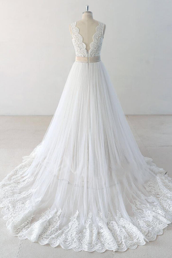 Elegant V-neck Lace Tulle A-line Wedding Dress On Sale