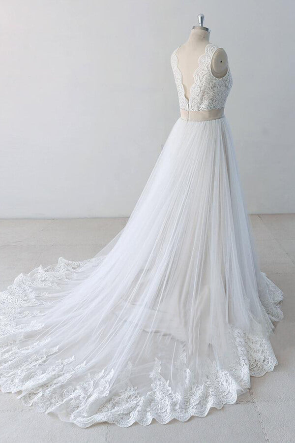 Elegant V-neck Lace Tulle A-line Wedding Dress On Sale