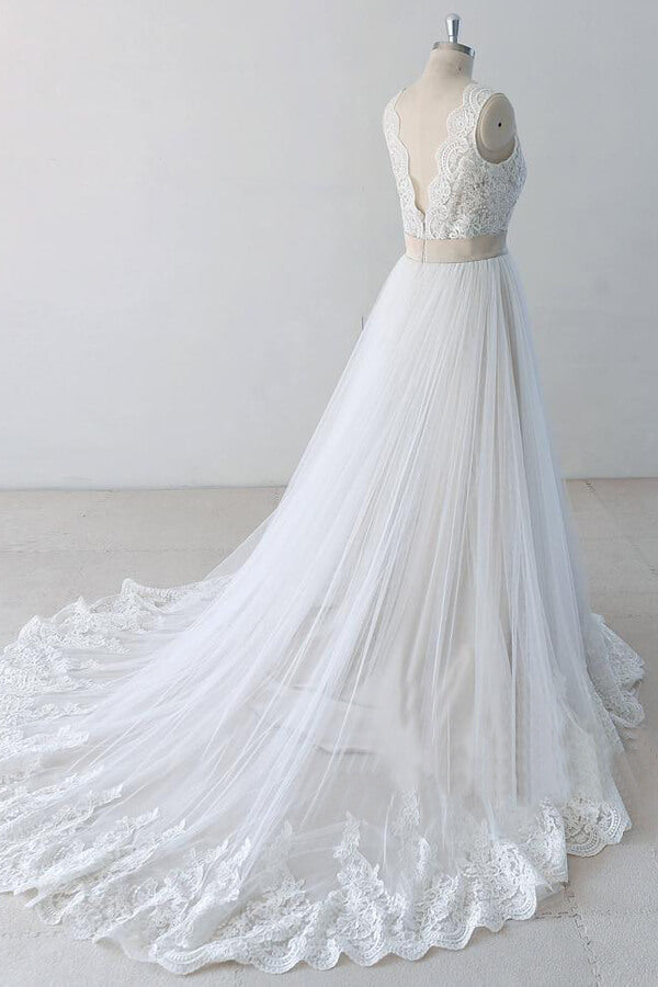 Elegant V-neck Lace Tulle A-line Wedding Dress On Sale