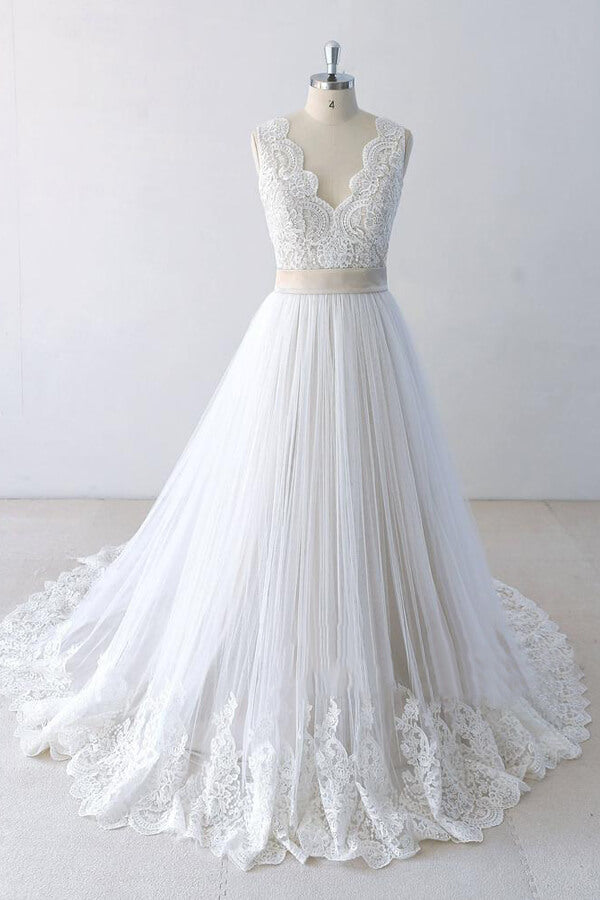 Elegant V-neck Lace Tulle A-line Wedding Dress On Sale