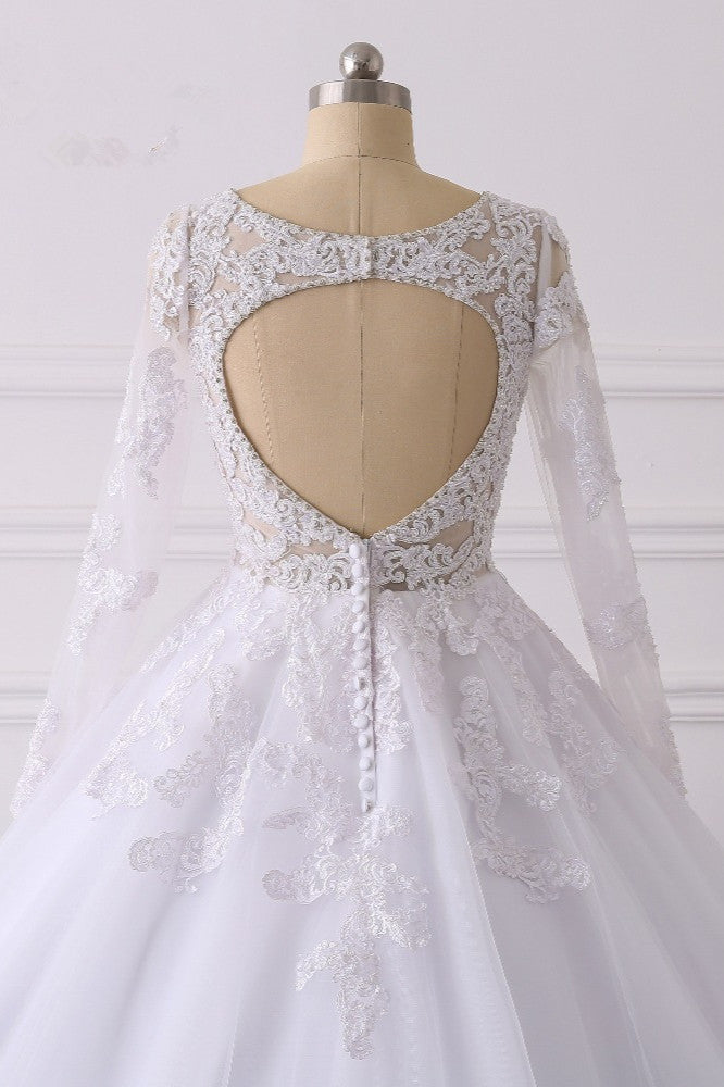 Elegant V-Neck Long Sleeves Wedding Dress White Tulle Lace Appliques Bridal Gowns On Sale