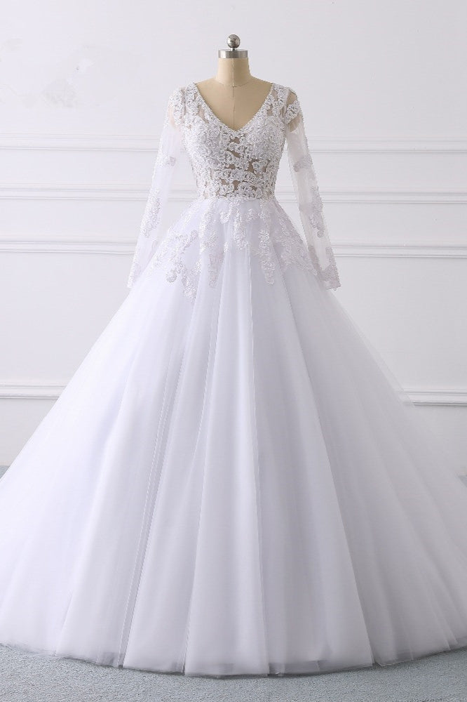 Elegant V-Neck Long Sleeves Wedding Dress White Tulle Lace Appliques Bridal Gowns On Sale