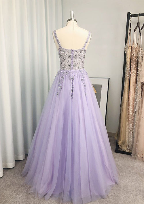 Elegant V-Neck Long Tulle Prom Dress/Evening Dress With Beading Sequins