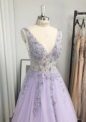 Elegant V-Neck Long Tulle Prom Dress/Evening Dress With Beading Sequins