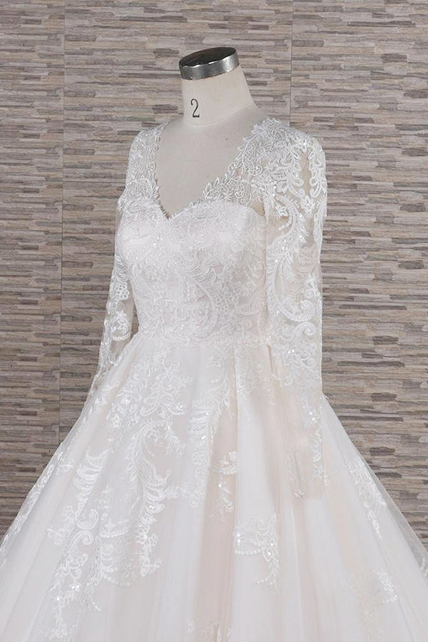 Elegant V-neck Longsleeves Lace Wedding Dresses A-line Tulle Bridal Gowns With Appliques Online