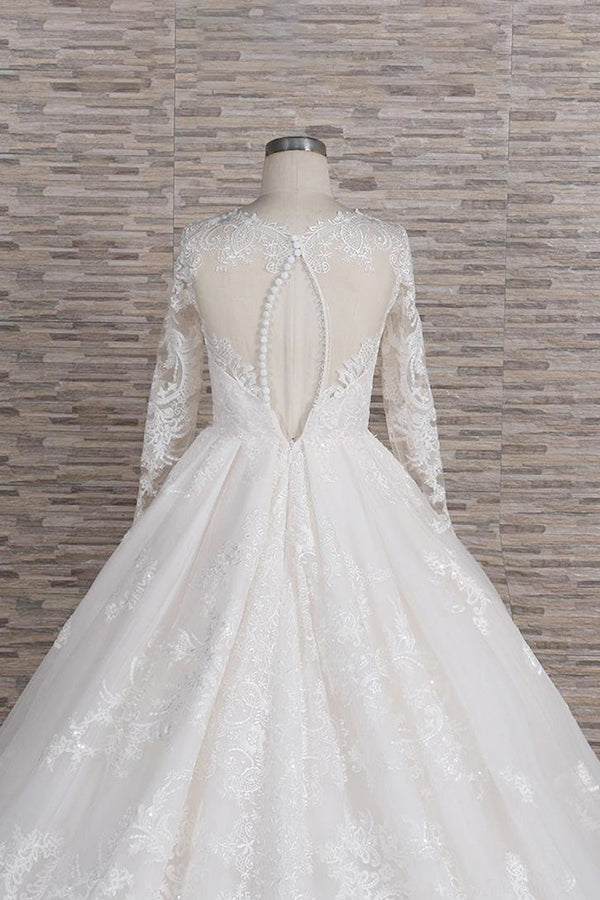 Elegant V-neck Longsleeves Lace Wedding Dresses A-line Tulle Bridal Gowns With Appliques Online