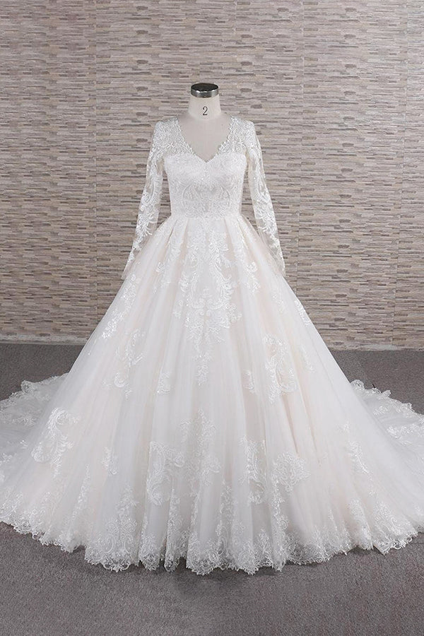 Elegant V-neck Longsleeves Lace Wedding Dresses A-line Tulle Bridal Gowns With Appliques Online