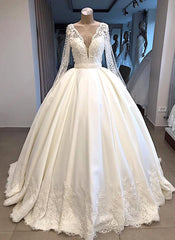 Elegant V-neck Longsleeves White Wedding Dresses Satin Lace Bridal Gowns With Appliques On Sale