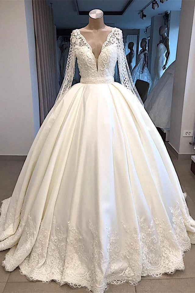 Elegant V-neck Longsleeves White Wedding Dresses Satin Lace Bridal Gowns With Appliques On Sale