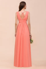 Elegant V-Neck Ruffle Coral Chiffon Affordable Bridesmaid Dresses Online