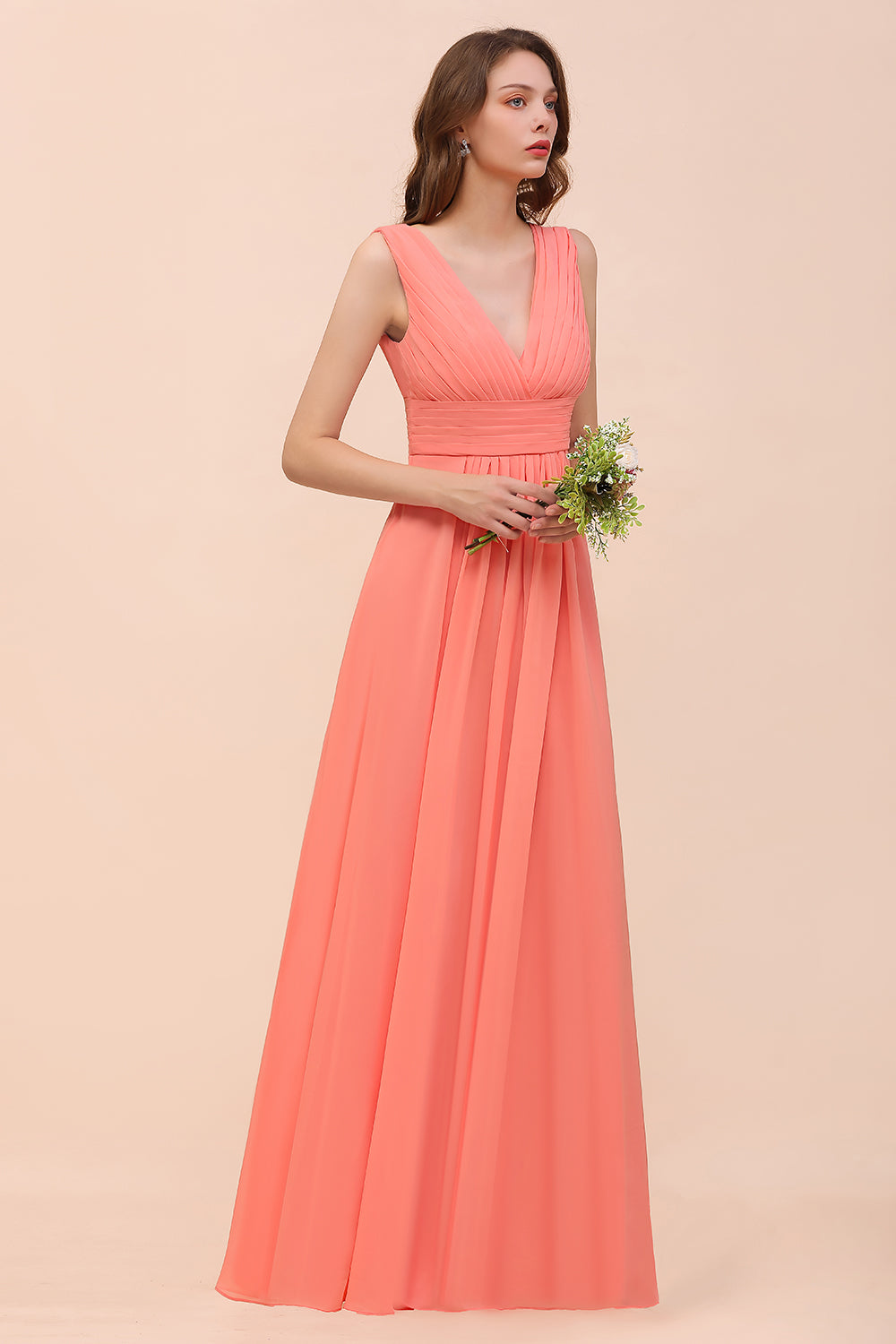 Elegant V-Neck Ruffle Coral Chiffon Affordable Bridesmaid Dresses Online