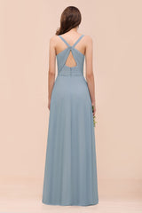Elegant V-Neck Ruffle Dusty Blue Chiffon Bridesmaid Dresses Online