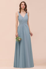 Elegant V-Neck Ruffle Dusty Blue Chiffon Bridesmaid Dresses Online