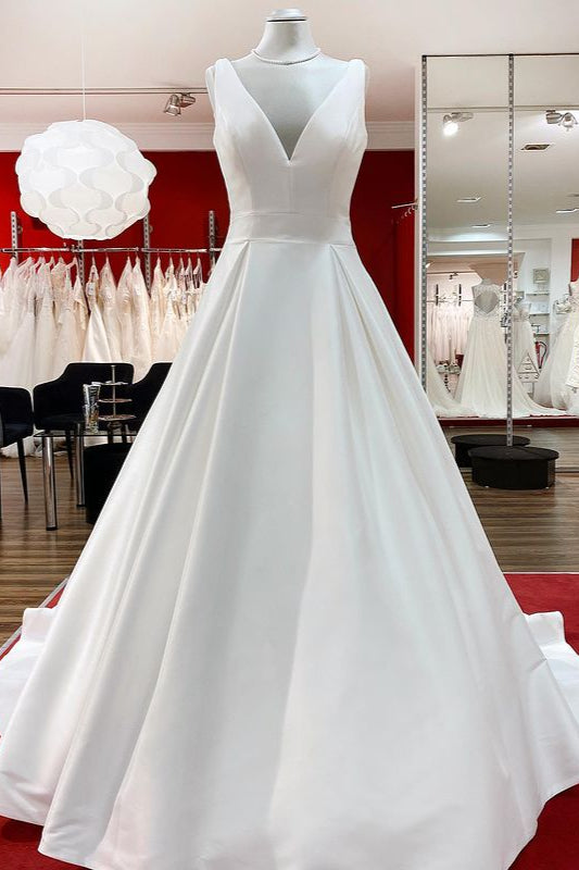 Elegant V Neck Satin White Ruffles Wedding Dresses Long