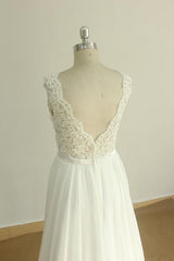 Elegant V-neck Sleeveless Lace Wedding Dresses White A-line Chiffon Bridal Gown On Sale