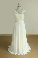 Elegant V-neck Sleeveless Lace Wedding Dresses White A-line Chiffon Bridal Gown On Sale