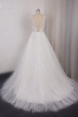 Elegant V-Neck Sleeveless Straps Lace Wedding Dress White Tulle Appliques Beadings Bridal Gowns On Sale