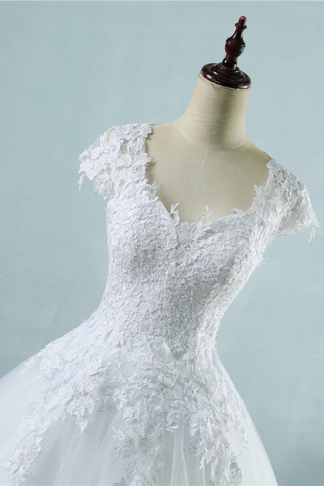 Elegant V-Neck Tull Lace White Wedding Dress Short Sleeves Appliques Bridal Gowns Online