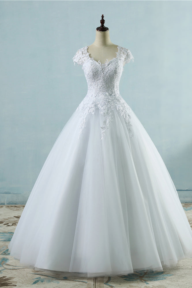 Elegant V-Neck Tull Lace White Wedding Dress Short Sleeves Appliques Bridal Gowns Online