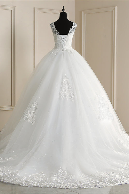 Elegant V-Neck Tull Lace White Wedding Dress Sleeveless Appliques Bridal Gowns On Sale