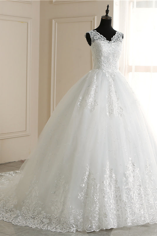 Elegant V-Neck Tull Lace White Wedding Dress Sleeveless Appliques Bridal Gowns On Sale