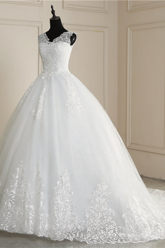 Elegant V-Neck Tull Lace White Wedding Dress Sleeveless Appliques Bridal Gowns On Sale