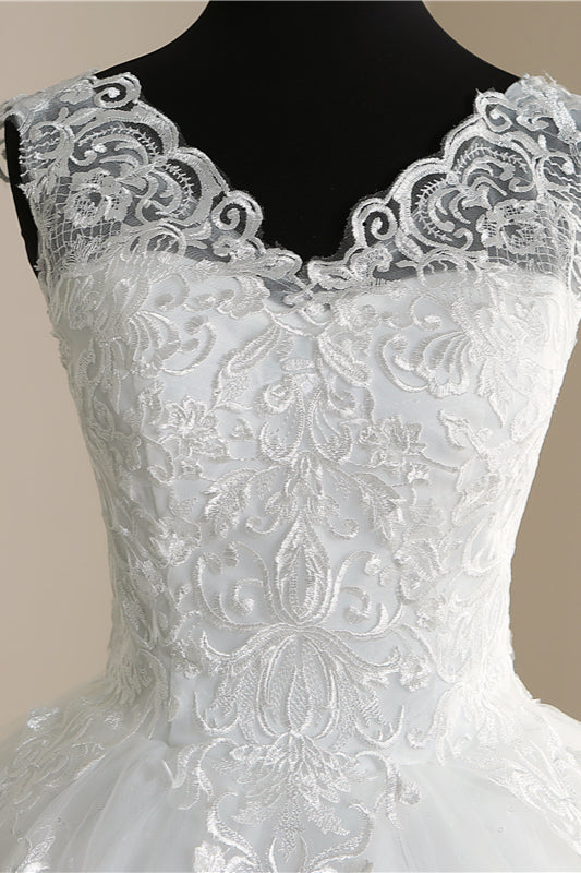 Elegant V-Neck Tull Lace White Wedding Dress Sleeveless Appliques Bridal Gowns On Sale