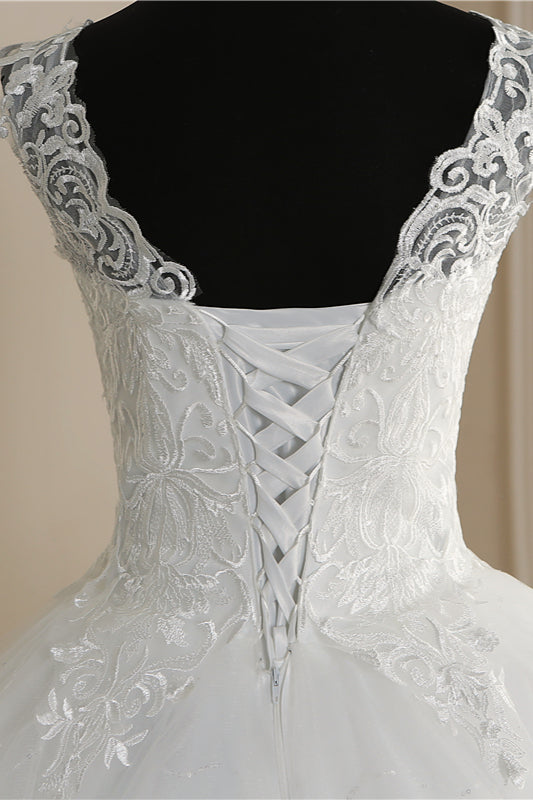 Elegant V-Neck Tull Lace White Wedding Dress Sleeveless Appliques Bridal Gowns On Sale