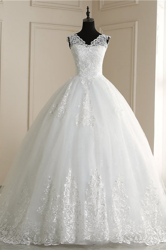 Elegant V-Neck Tull Lace White Wedding Dress Sleeveless Appliques Bridal Gowns On Sale