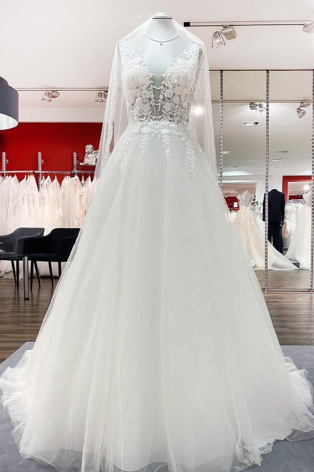 Elegant V Neck Tulle Ivory Lace A-Line Wedding Dresses