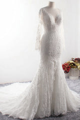 Elegant V-neck Tulle Lace Wedding Dress Long Sleeves Mermaid Appliques Bridal Gowns with Beadings Online