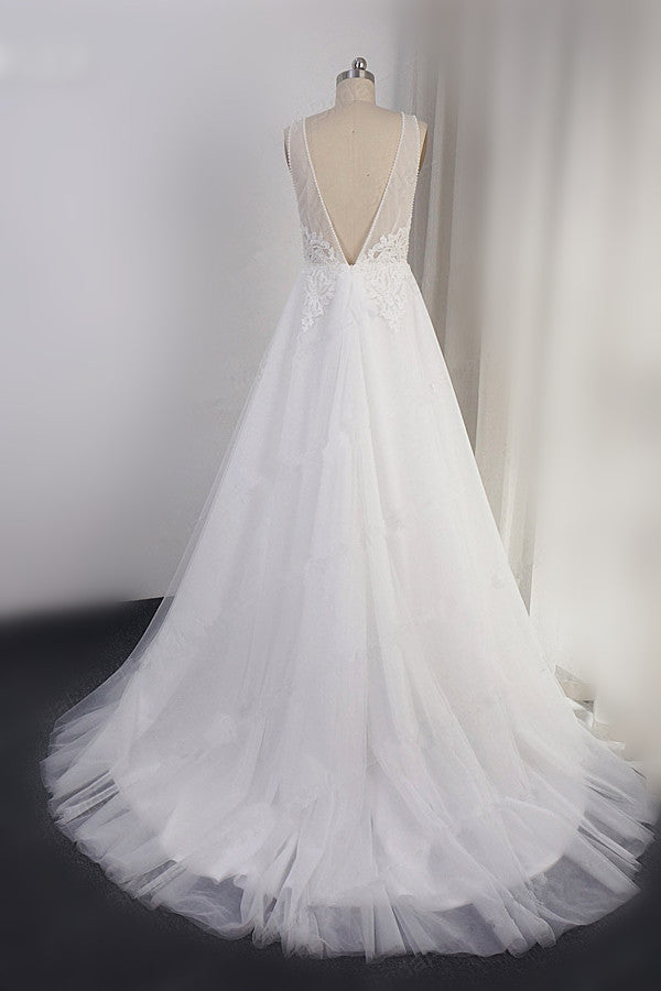 Elegant V-neck Tulle White Wedding Dress A-Line Lace Appliques Sleeveless Bridal Gowns On Sale