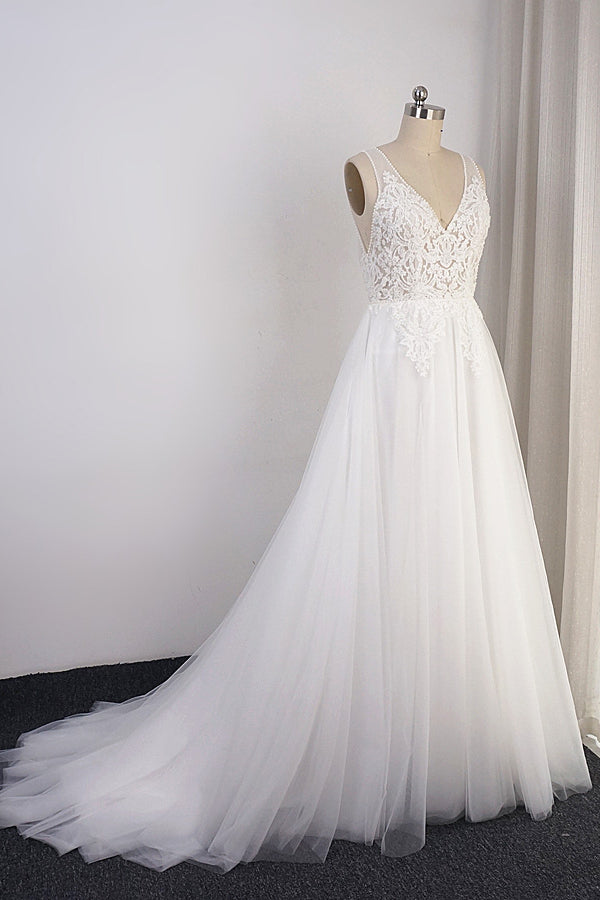 Elegant V-neck Tulle White Wedding Dress A-Line Lace Appliques Sleeveless Bridal Gowns On Sale