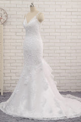 Elegant V-neck White Mermaid Wedding Dresses Sleeveless Lace Bridal Gowns With Appliques On Sale