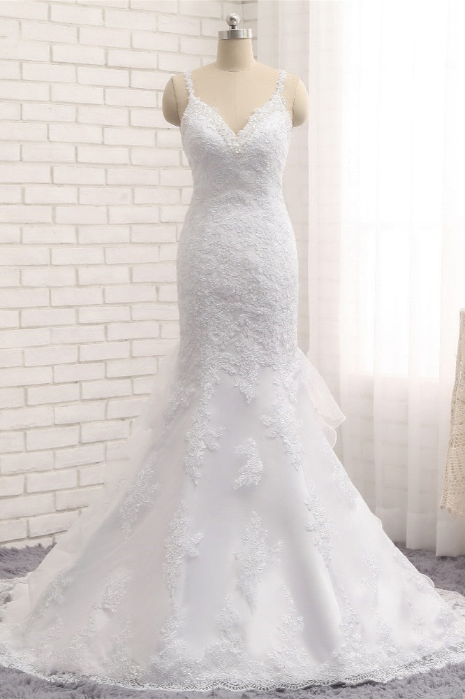 Elegant V-neck White Mermaid Wedding Dresses Sleeveless Lace Bridal Gowns With Appliques On Sale