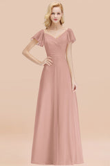 Elegent Short-Sleeve Long Bridesmaid Dress Online Yellow Chiffon Wedding Party Dress